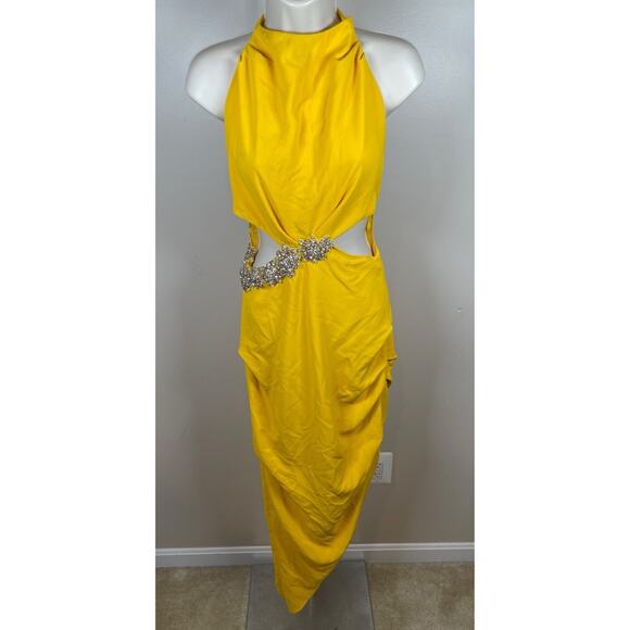 Rachel Gilbert Kylo Embellished Cutout Asymmetrical Yellow Maxi Dress Size 2 - Picture 3 of 9